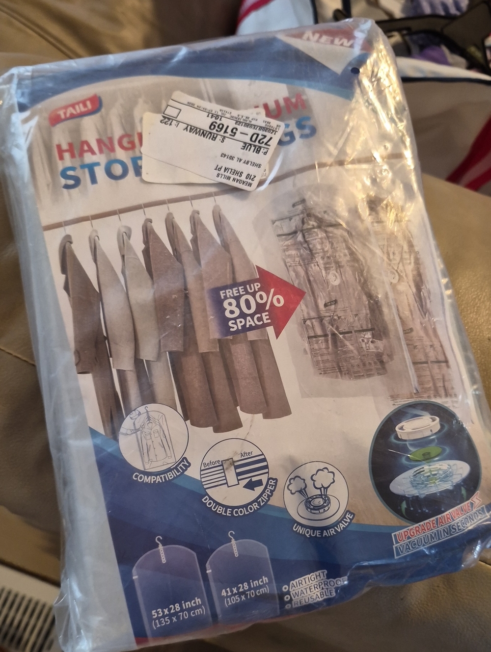 Tail Gray and Blue Hanging Vacuum Storage Bag - Space Saver Nwt